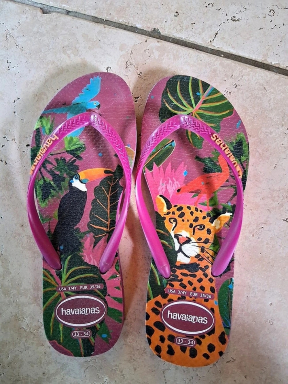 Havaianas Kids Slim Animal Jungle Print Flip Flops Pink & Green US 3-4